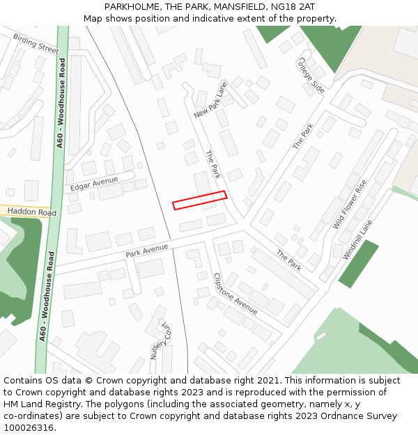 PARKHOLME, THE PARK, MANSFIELD, NG18 2AT: Location map and indicative extent of plot