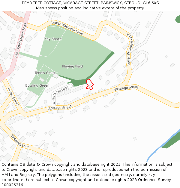 PEAR TREE COTTAGE, VICARAGE STREET, PAINSWICK, STROUD, GL6 6XS: Location map and indicative extent of plot