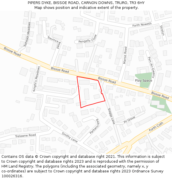 PIPERS DYKE, BISSOE ROAD, CARNON DOWNS, TRURO, TR3 6HY: Location map and indicative extent of plot