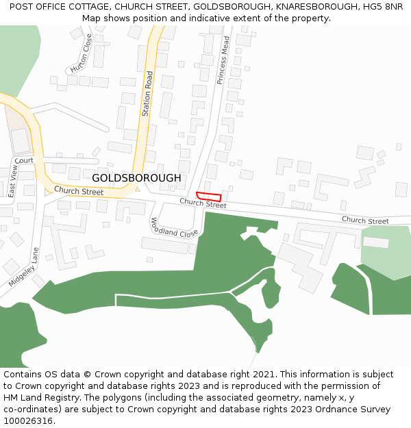 POST OFFICE COTTAGE, CHURCH STREET, GOLDSBOROUGH, KNARESBOROUGH, HG5 8NR: Location map and indicative extent of plot