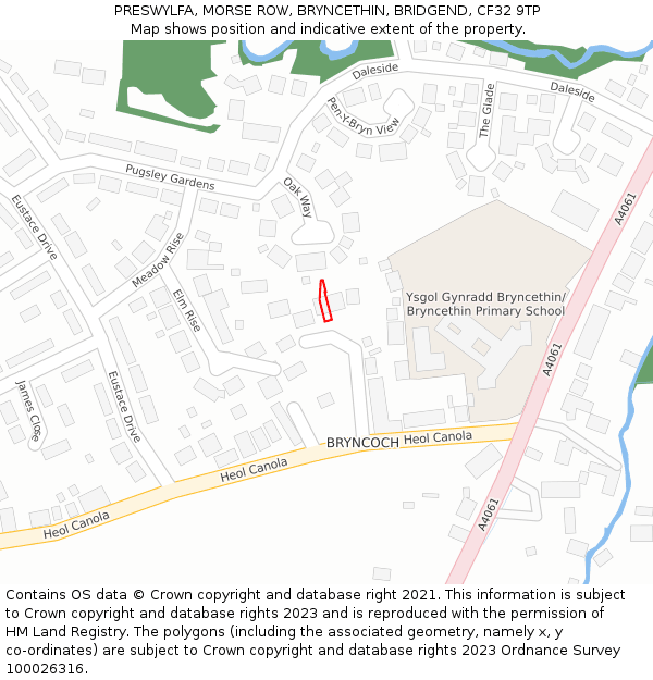 PRESWYLFA, MORSE ROW, BRYNCETHIN, BRIDGEND, CF32 9TP: Location map and indicative extent of plot