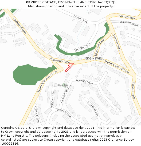 PRIMROSE COTTAGE, EDGINSWELL LANE, TORQUAY, TQ2 7JF: Location map and indicative extent of plot