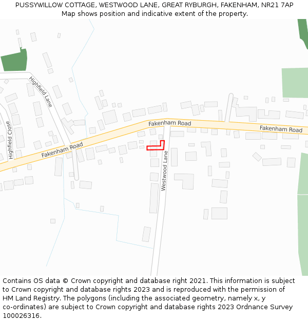 PUSSYWILLOW COTTAGE, WESTWOOD LANE, GREAT RYBURGH, FAKENHAM, NR21 7AP: Location map and indicative extent of plot