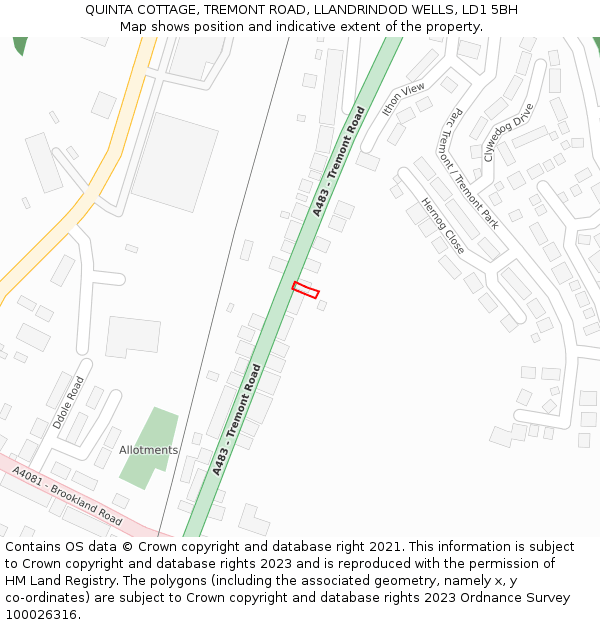 QUINTA COTTAGE, TREMONT ROAD, LLANDRINDOD WELLS, LD1 5BH: Location map and indicative extent of plot