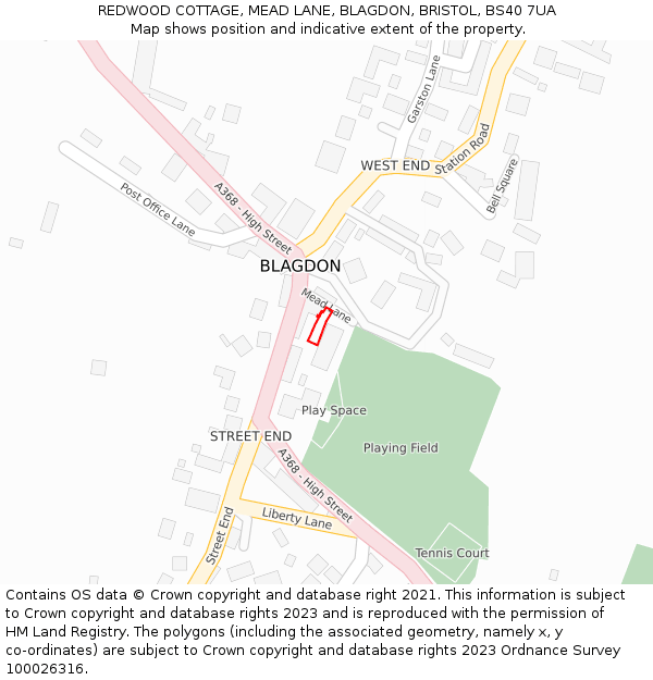 REDWOOD COTTAGE, MEAD LANE, BLAGDON, BRISTOL, BS40 7UA: Location map and indicative extent of plot