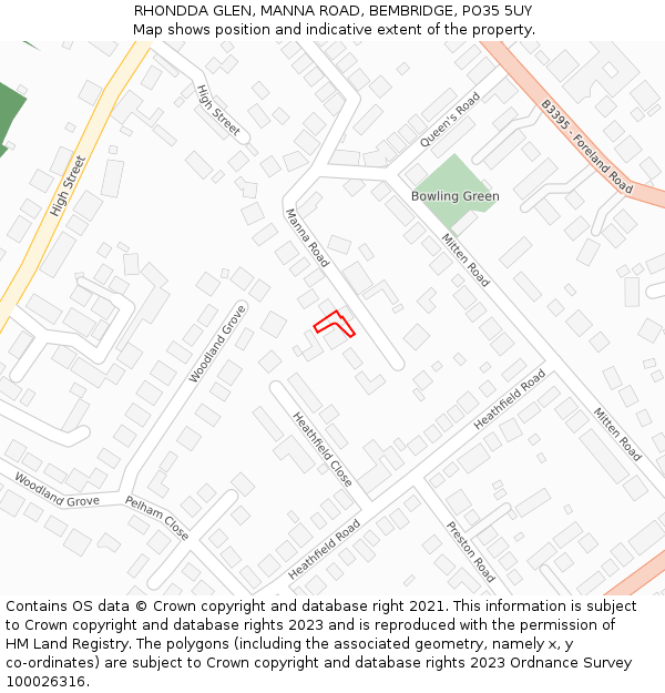 RHONDDA GLEN, MANNA ROAD, BEMBRIDGE, PO35 5UY: Location map and indicative extent of plot