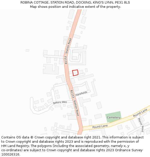 ROBINA COTTAGE, STATION ROAD, DOCKING, KING'S LYNN, PE31 8LS: Location map and indicative extent of plot