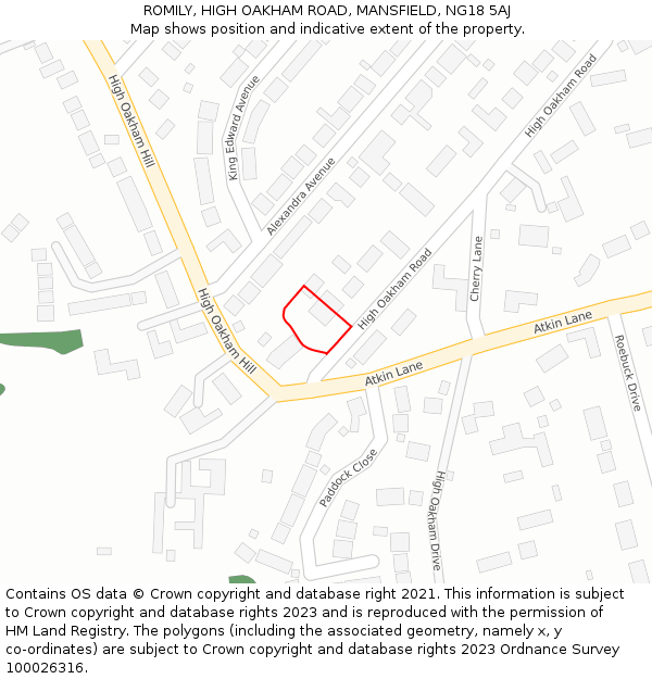 ROMILY, HIGH OAKHAM ROAD, MANSFIELD, NG18 5AJ: Location map and indicative extent of plot