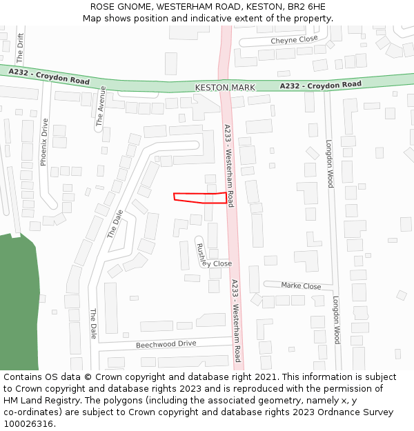 ROSE GNOME, WESTERHAM ROAD, KESTON, BR2 6HE: Location map and indicative extent of plot