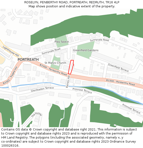 ROSELYN, PENBERTHY ROAD, PORTREATH, REDRUTH, TR16 4LP: Location map and indicative extent of plot