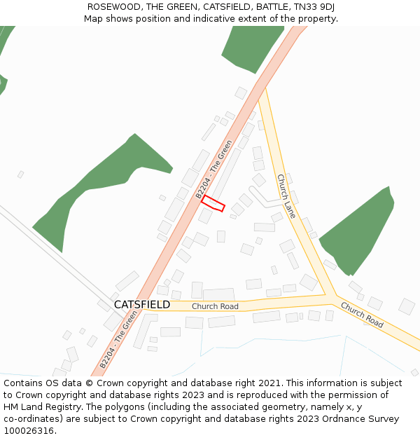 ROSEWOOD, THE GREEN, CATSFIELD, BATTLE, TN33 9DJ: Location map and indicative extent of plot