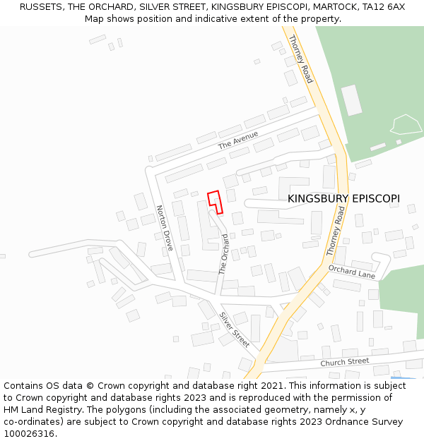 RUSSETS, THE ORCHARD, SILVER STREET, KINGSBURY EPISCOPI, MARTOCK, TA12 6AX: Location map and indicative extent of plot