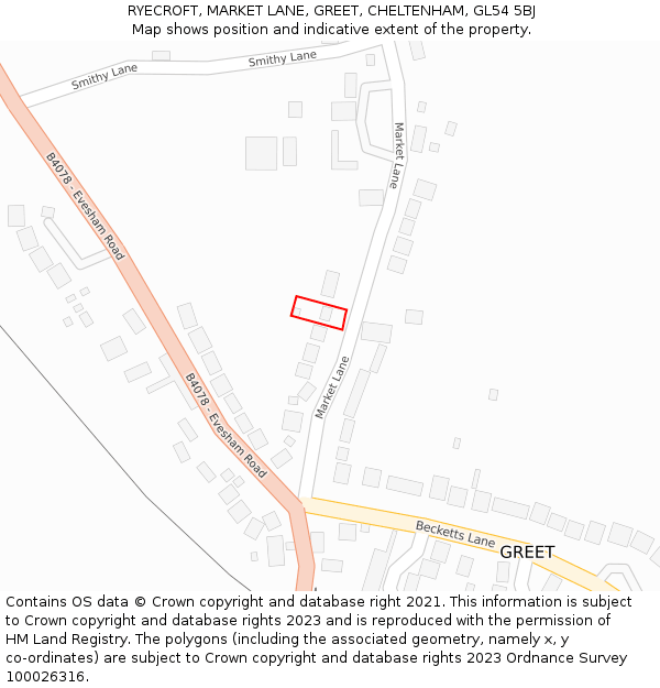 RYECROFT, MARKET LANE, GREET, CHELTENHAM, GL54 5BJ: Location map and indicative extent of plot