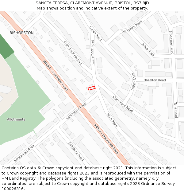 SANCTA TERESA, CLAREMONT AVENUE, BRISTOL, BS7 8JD: Location map and indicative extent of plot
