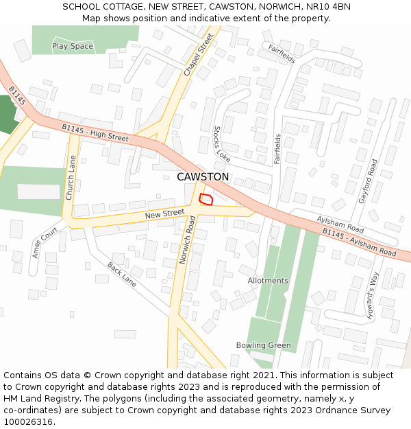 SCHOOL COTTAGE, NEW STREET, CAWSTON, NORWICH, NR10 4BN: Location map and indicative extent of plot