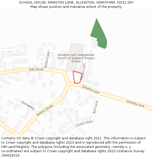 SCHOOL HOUSE, MARSTON LANE, ALLINGTON, GRANTHAM, NG32 2DY: Location map and indicative extent of plot