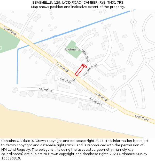 SEASHELLS, 129, LYDD ROAD, CAMBER, RYE, TN31 7RS: Location map and indicative extent of plot