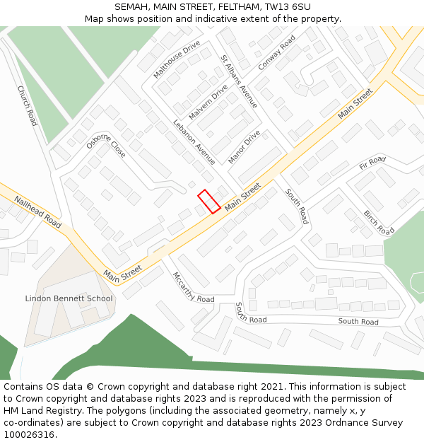 SEMAH, MAIN STREET, FELTHAM, TW13 6SU: Location map and indicative extent of plot