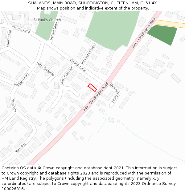 SHALANDS, MAIN ROAD, SHURDINGTON, CHELTENHAM, GL51 4XJ: Location map and indicative extent of plot