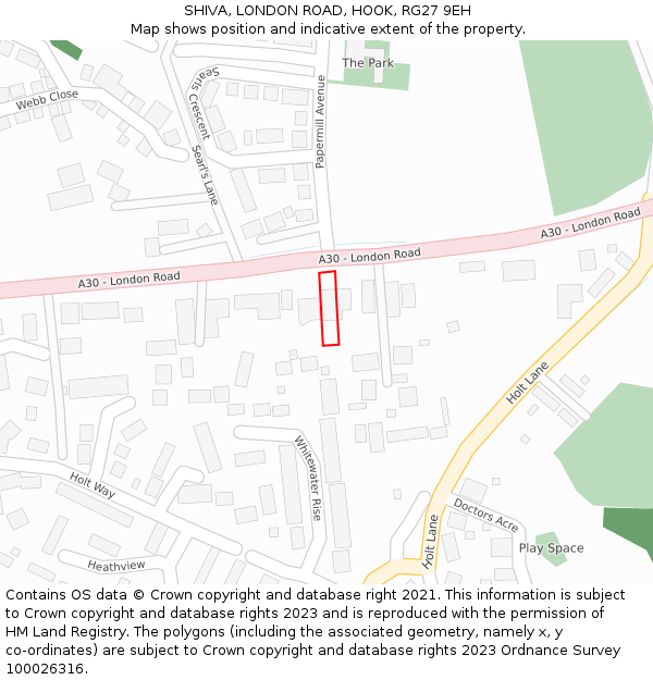 SHIVA, LONDON ROAD, HOOK, RG27 9EH: Location map and indicative extent of plot