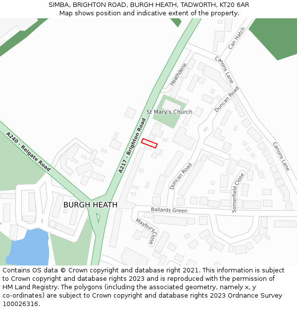 SIMBA, BRIGHTON ROAD, BURGH HEATH, TADWORTH, KT20 6AR: Location map and indicative extent of plot