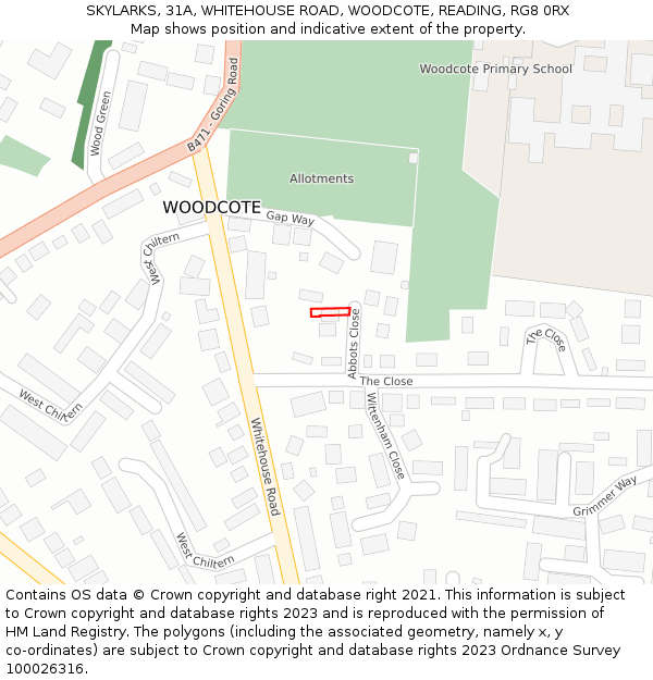 SKYLARKS, 31A, WHITEHOUSE ROAD, WOODCOTE, READING, RG8 0RX: Location map and indicative extent of plot