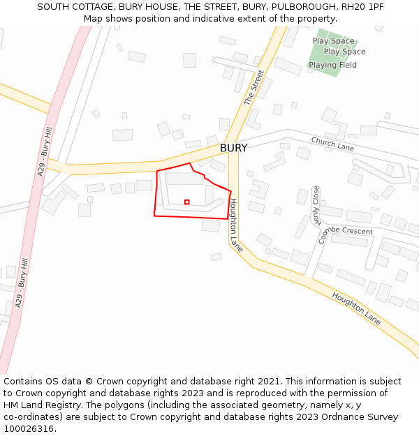 SOUTH COTTAGE, BURY HOUSE, THE STREET, BURY, PULBOROUGH, RH20 1PF: Location map and indicative extent of plot