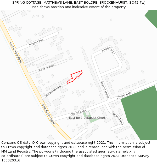 SPRING COTTAGE, MATTHEWS LANE, EAST BOLDRE, BROCKENHURST, SO42 7WJ: Location map and indicative extent of plot