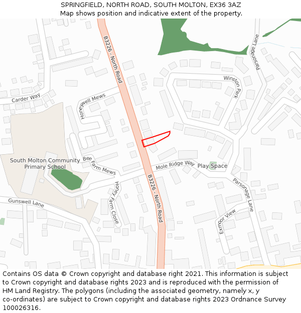 SPRINGFIELD, NORTH ROAD, SOUTH MOLTON, EX36 3AZ: Location map and indicative extent of plot