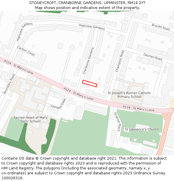 STONEYCROFT, CRANBORNE GARDENS, UPMINSTER, RM14 2YT: Location map and indicative extent of plot