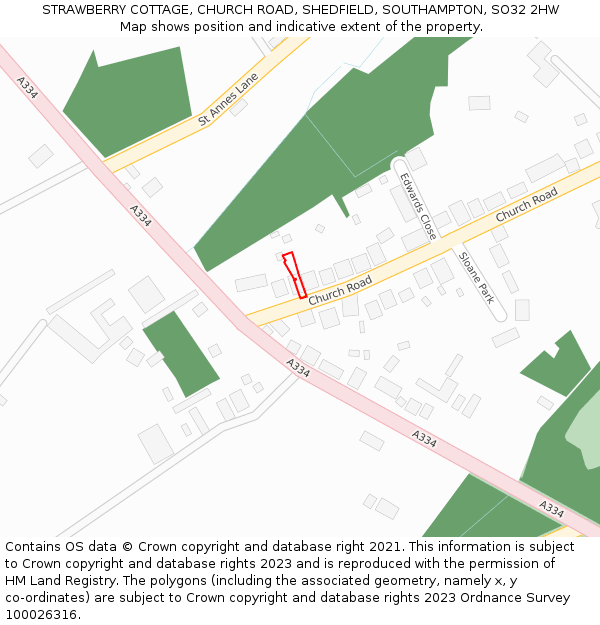 STRAWBERRY COTTAGE, CHURCH ROAD, SHEDFIELD, SOUTHAMPTON, SO32 2HW: Location map and indicative extent of plot