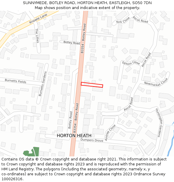 SUNNYMEDE, BOTLEY ROAD, HORTON HEATH, EASTLEIGH, SO50 7DN: Location map and indicative extent of plot
