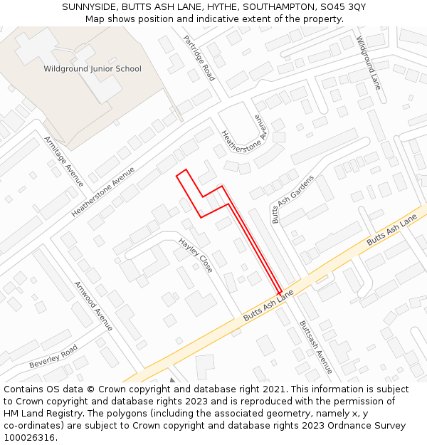 SUNNYSIDE, BUTTS ASH LANE, HYTHE, SOUTHAMPTON, SO45 3QY: Location map and indicative extent of plot
