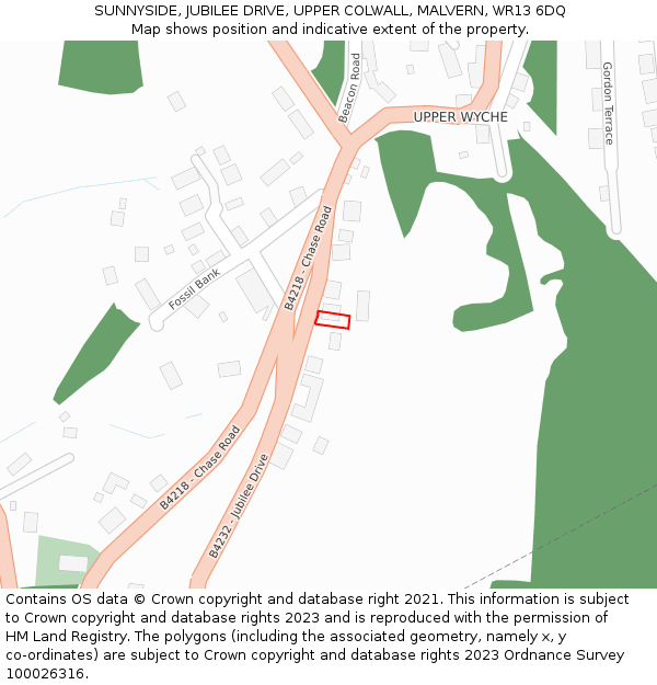 SUNNYSIDE, JUBILEE DRIVE, UPPER COLWALL, MALVERN, WR13 6DQ: Location map and indicative extent of plot