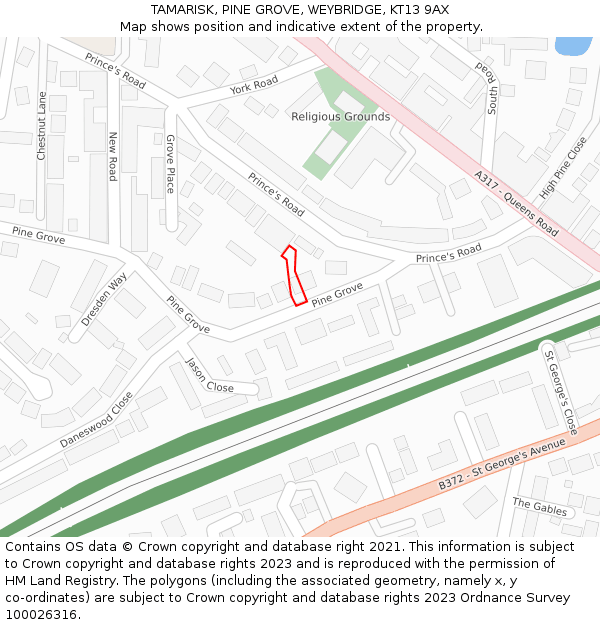 TAMARISK, PINE GROVE, WEYBRIDGE, KT13 9AX: Location map and indicative extent of plot