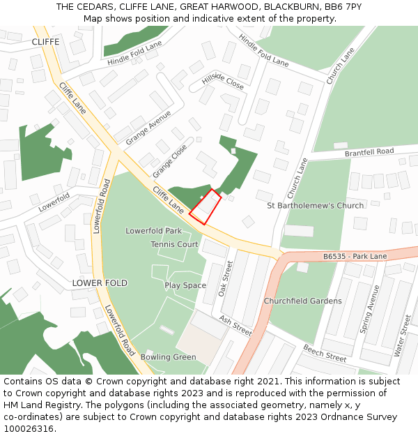 THE CEDARS, CLIFFE LANE, GREAT HARWOOD, BLACKBURN, BB6 7PY: Location map and indicative extent of plot