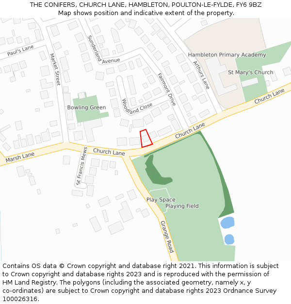 THE CONIFERS, CHURCH LANE, HAMBLETON, POULTON-LE-FYLDE, FY6 9BZ: Location map and indicative extent of plot