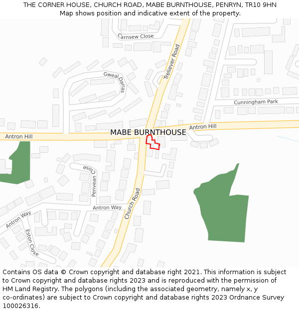THE CORNER HOUSE, CHURCH ROAD, MABE BURNTHOUSE, PENRYN, TR10 9HN: Location map and indicative extent of plot