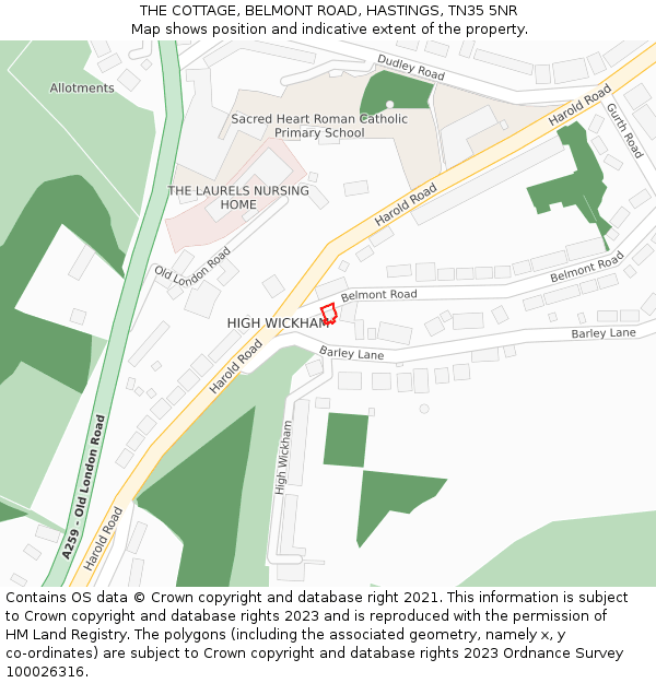 THE COTTAGE, BELMONT ROAD, HASTINGS, TN35 5NR: Location map and indicative extent of plot