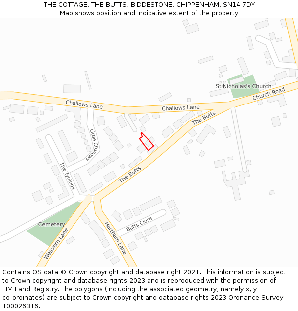 THE COTTAGE, THE BUTTS, BIDDESTONE, CHIPPENHAM, SN14 7DY: Location map and indicative extent of plot