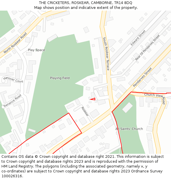 THE CRICKETERS, ROSKEAR, CAMBORNE, TR14 8DQ: Location map and indicative extent of plot