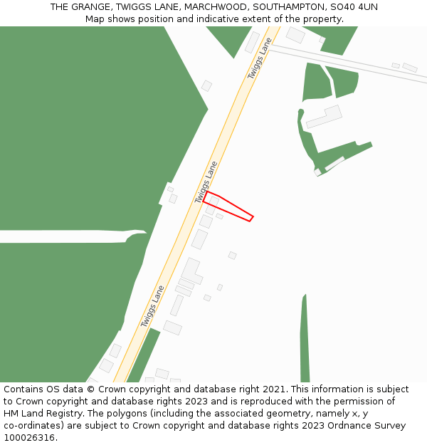 THE GRANGE, TWIGGS LANE, MARCHWOOD, SOUTHAMPTON, SO40 4UN: Location map and indicative extent of plot