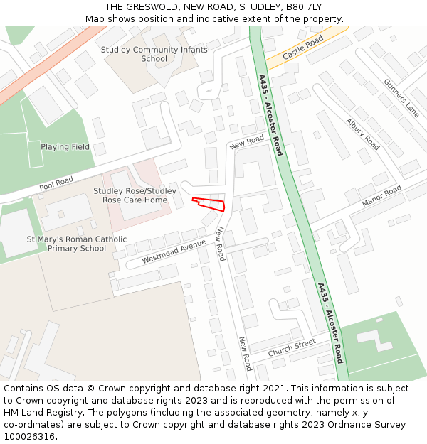 THE GRESWOLD, NEW ROAD, STUDLEY, B80 7LY: Location map and indicative extent of plot