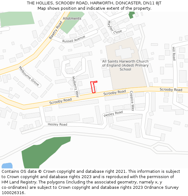 THE HOLLIES, SCROOBY ROAD, HARWORTH, DONCASTER, DN11 8JT: Location map and indicative extent of plot