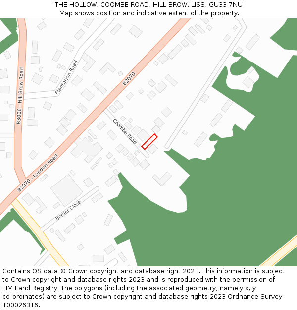 THE HOLLOW, COOMBE ROAD, HILL BROW, LISS, GU33 7NU: Location map and indicative extent of plot