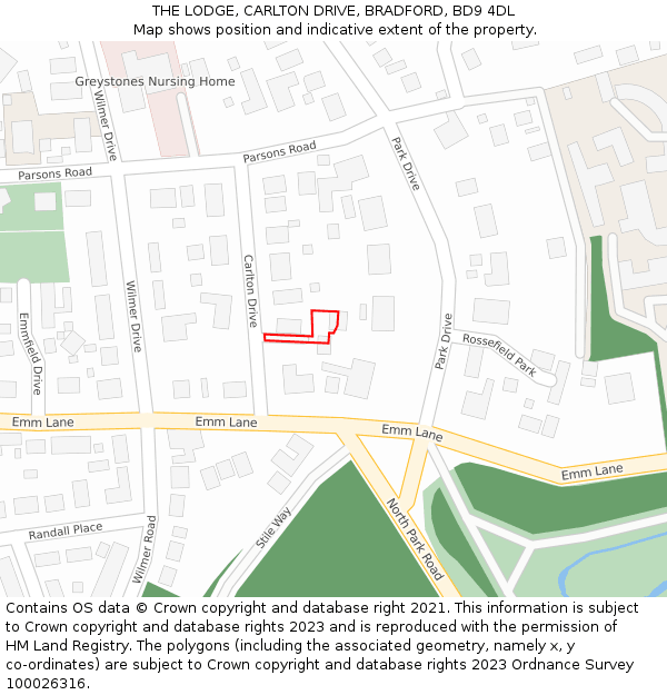 THE LODGE, CARLTON DRIVE, BRADFORD, BD9 4DL: Location map and indicative extent of plot