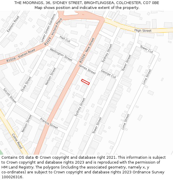 THE MOORINGS, 36, SYDNEY STREET, BRIGHTLINGSEA, COLCHESTER, CO7 0BE: Location map and indicative extent of plot