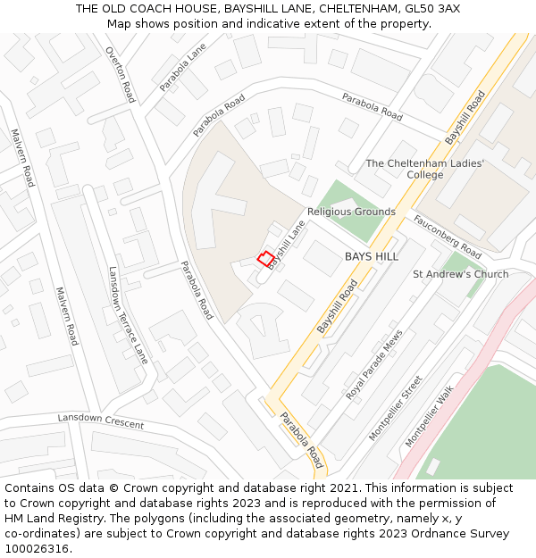 THE OLD COACH HOUSE, BAYSHILL LANE, CHELTENHAM, GL50 3AX: Location map and indicative extent of plot