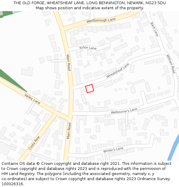 THE OLD FORGE, WHEATSHEAF LANE, LONG BENNINGTON, NEWARK, NG23 5DU: Location map and indicative extent of plot