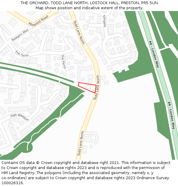 THE ORCHARD, TODD LANE NORTH, LOSTOCK HALL, PRESTON, PR5 5UN: Location map and indicative extent of plot